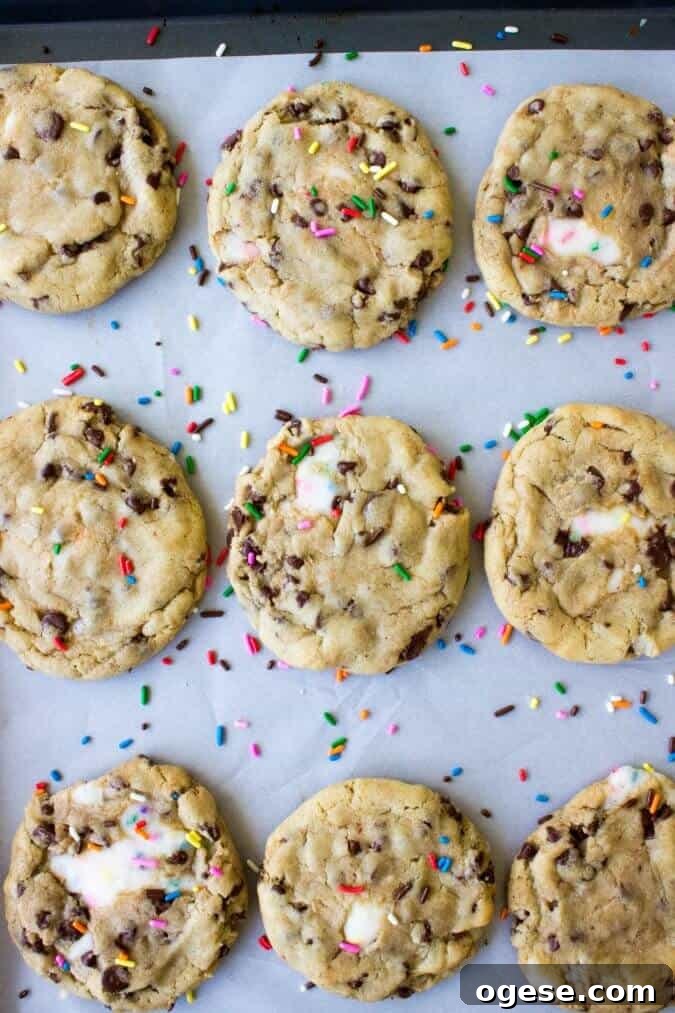 Nutella-Filled Chocolate Chip Cookies 10 Funfetti filled chocolate chip cookies on baking sheet