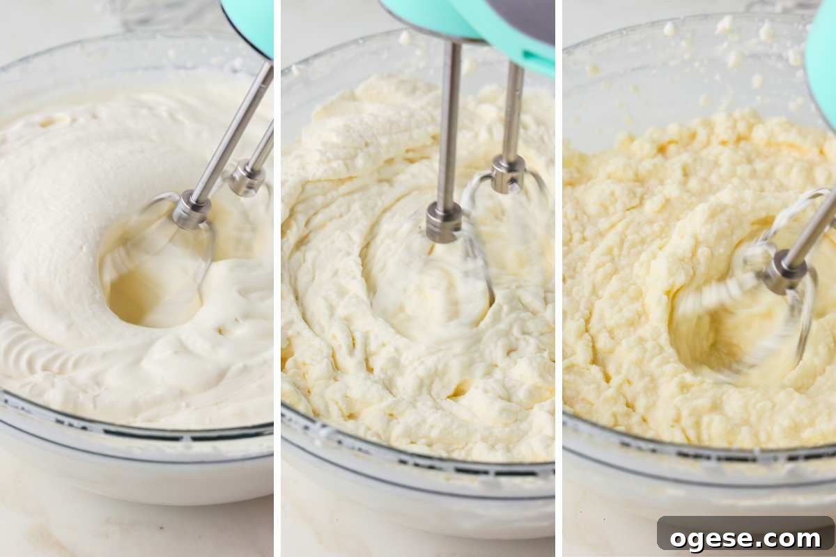 Make Real Homemade Butter Without a Churn: Simple Method 4 mixture being beaten and turning more yellow and clumpy.