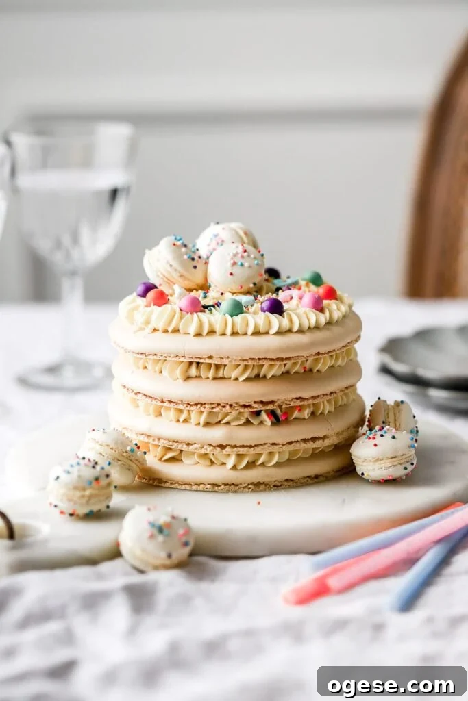 macaron birthday cake with mini macarons on top