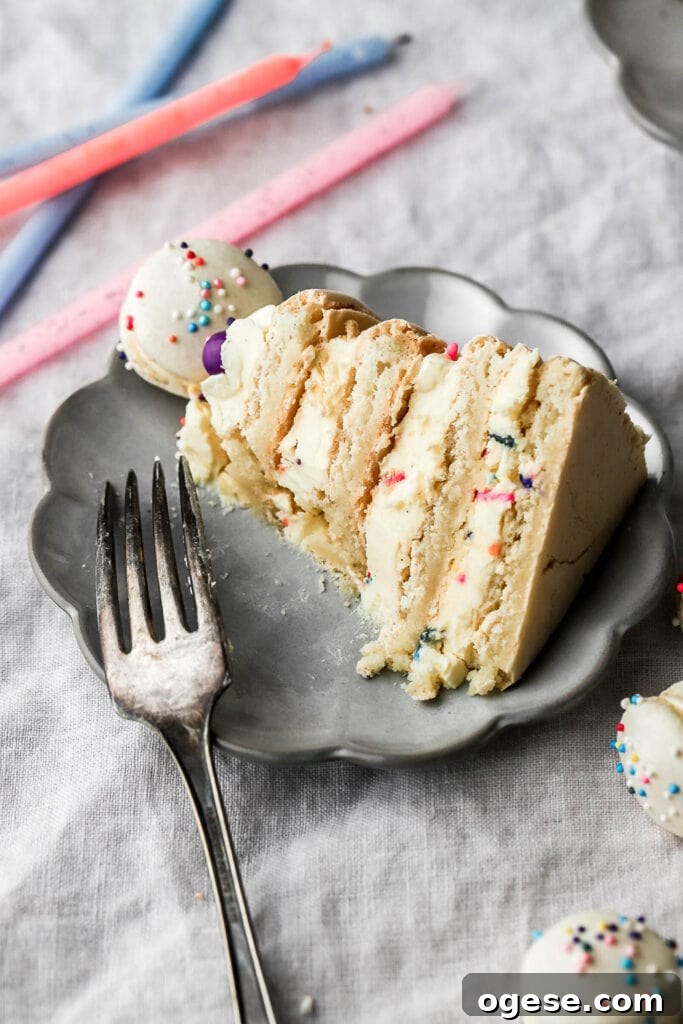 slice of macaron birthday cake