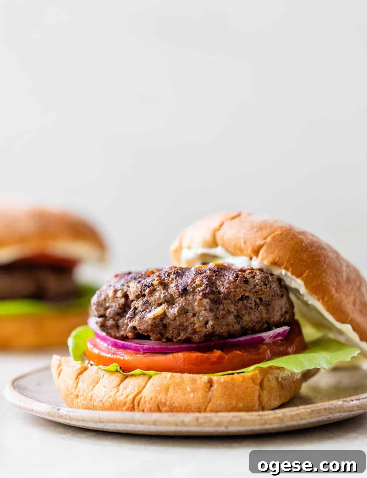 Juicy Grilled Bison Burgers with Smoky Onion Jam 2 open face burger on a plate