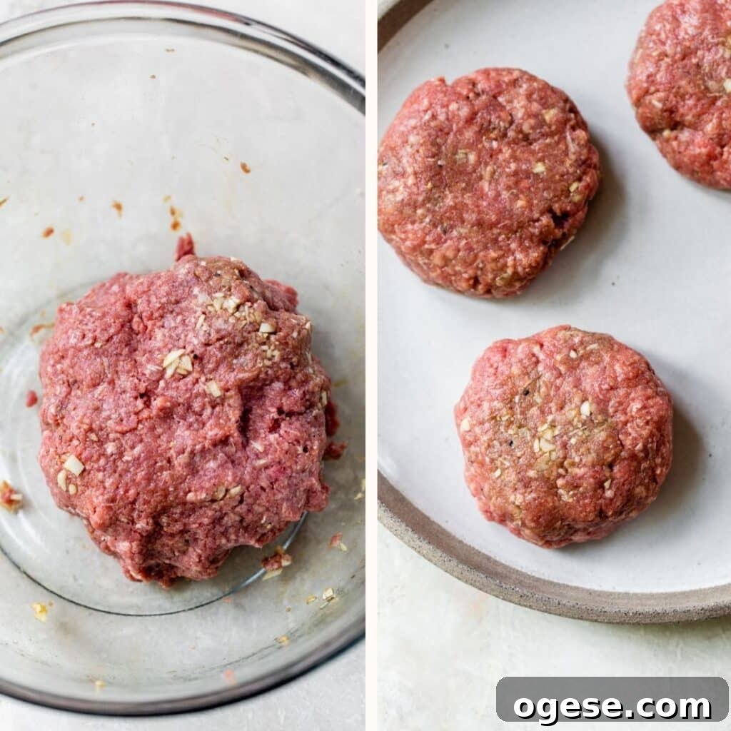 Juicy Grilled Bison Burgers with Smoky Onion Jam 3 raw ground meat in a bowl on the left, and raw meat formed into patties on the right