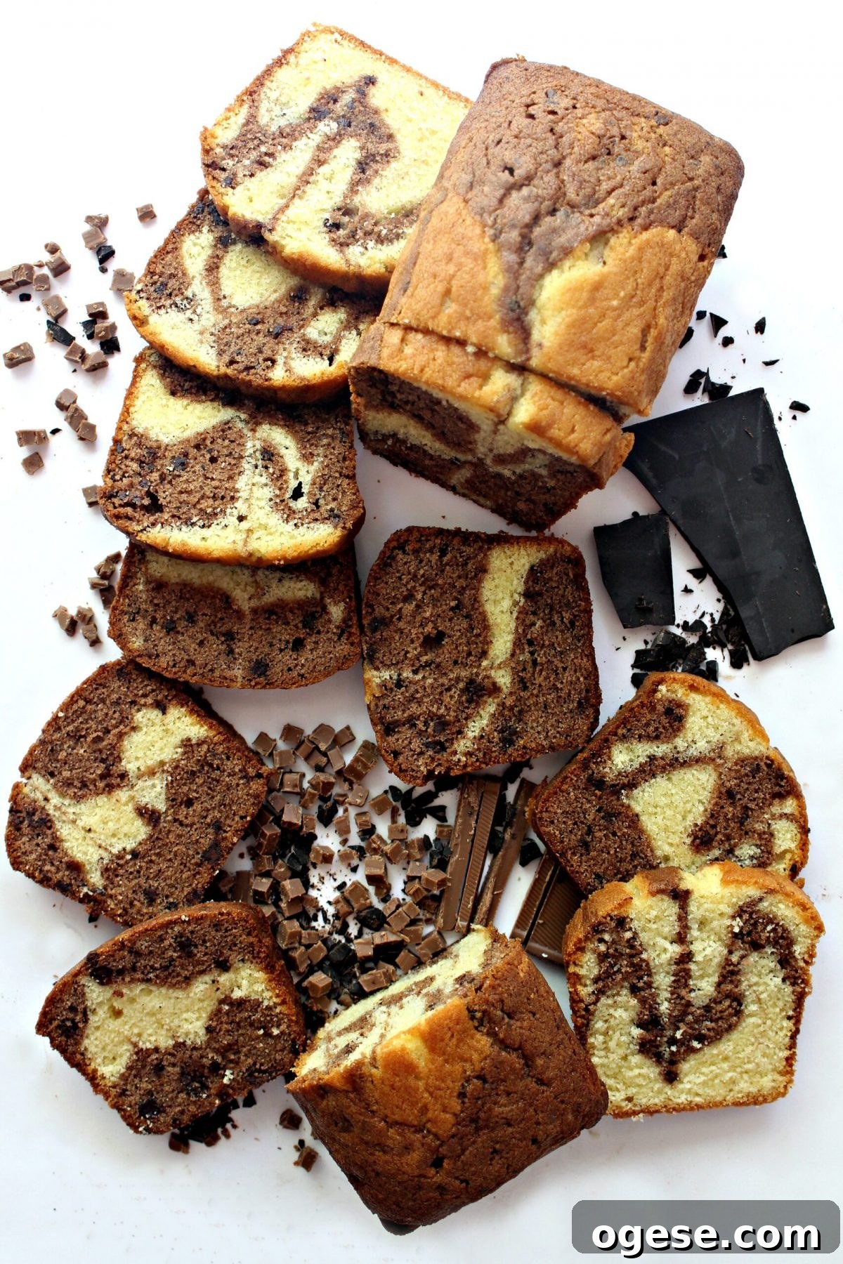 Moist Chocolate Marble Pound Cake Recipe 2 Chocolate Marble Pound cake, with caramel and chocolate swirls, cut into slices.