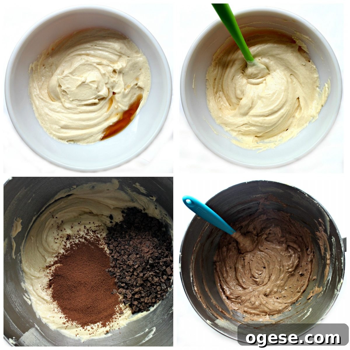 Moist Chocolate Marble Pound Cake Recipe 3 Process collage showing batter with vanilla added and batter with cocoa and chocolate added.