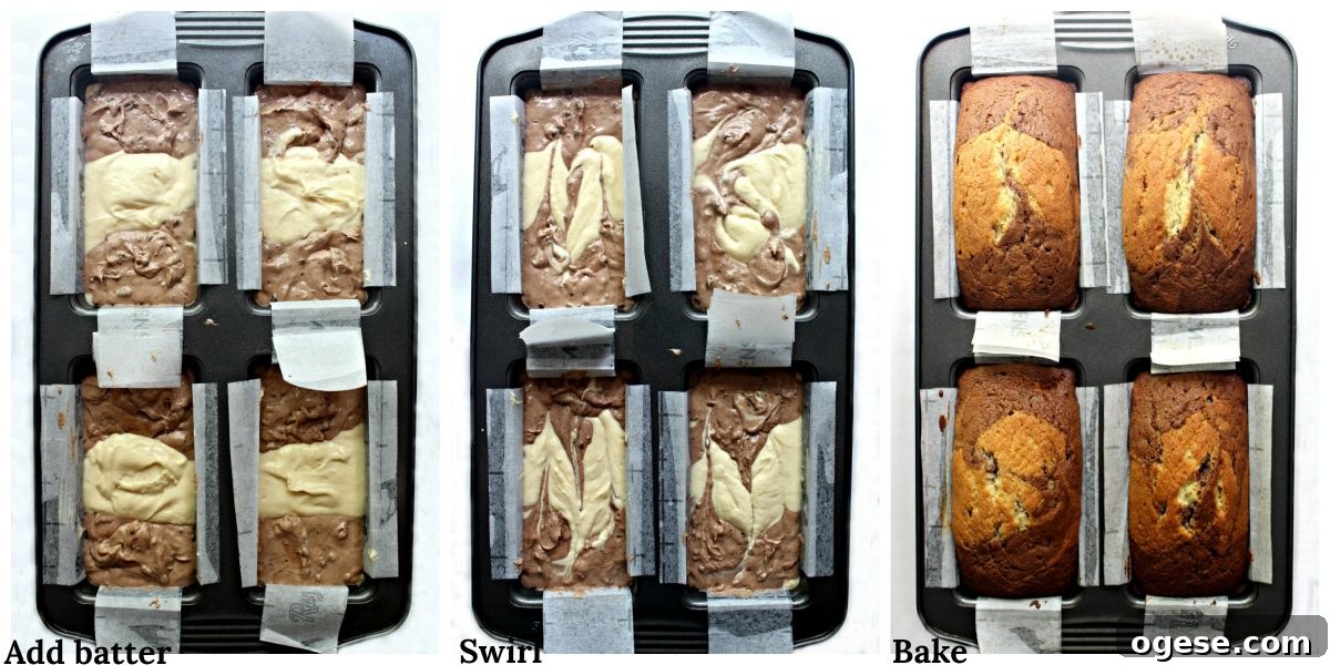 Moist Chocolate Marble Pound Cake Recipe 4 Process of batter and cakes in the pan with text overlay; add batter, swirl, bake.
