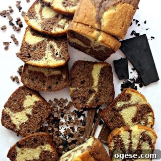 Chocolate Marble Pound cake, with caramel and chocolate swirls, cut into slices