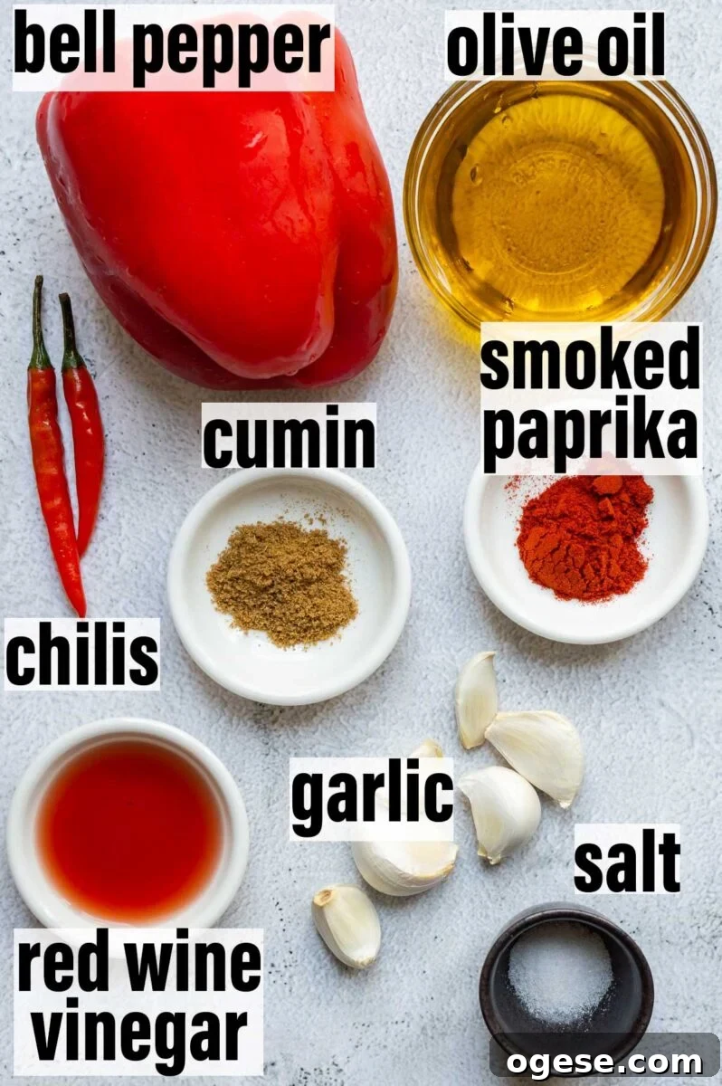 Labelled ingredients including bell pepper, olive oil, smoked paprika and chilis.
