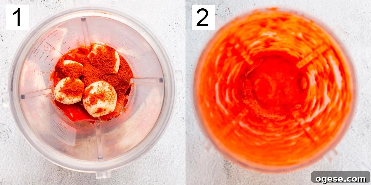 Garlic, paprika and peppers in a blender jar on the left and blended on the right.