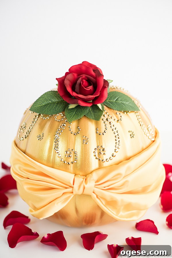 Disney Belle-Inspired Pumpkin DIY Tutorial 3 DIY Beauty and the Beast Belle Pumpkin – how to make a Disney princess Belle Pumpkin inspired by her beautiful dress and The Enchanted Rose.