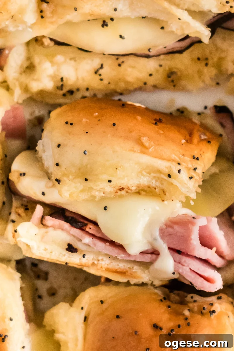 Ultimate Cheesy Ham and Melted Cheese Sliders Recipe 3 Close up of cheesy ham sliders.