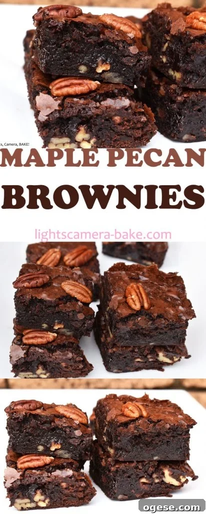 Maple Pecan Brownies Recipe — Gooey Maple-Glazed Pecan Brownies 7 Long pinterest image with three images and a title.