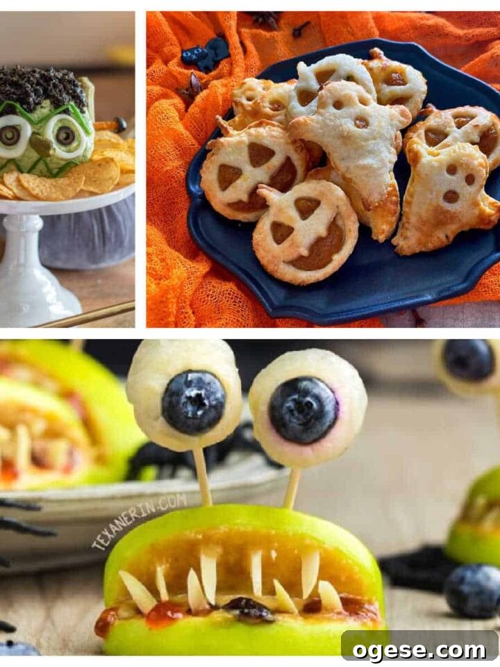 A collage of halloween movie night snacks, like sliced apples made to look like teeth.