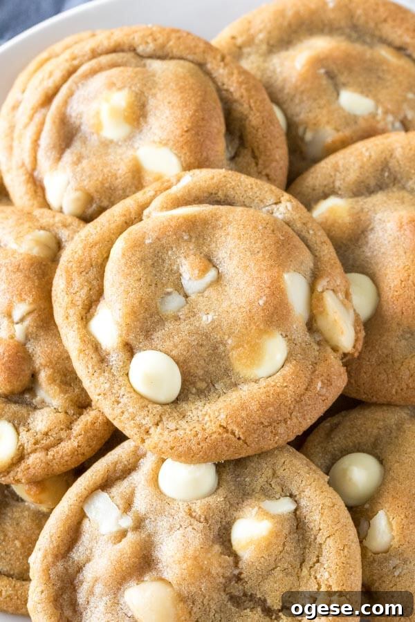 Overhead shot of a plate of white chocolate macadamia nut cookies.