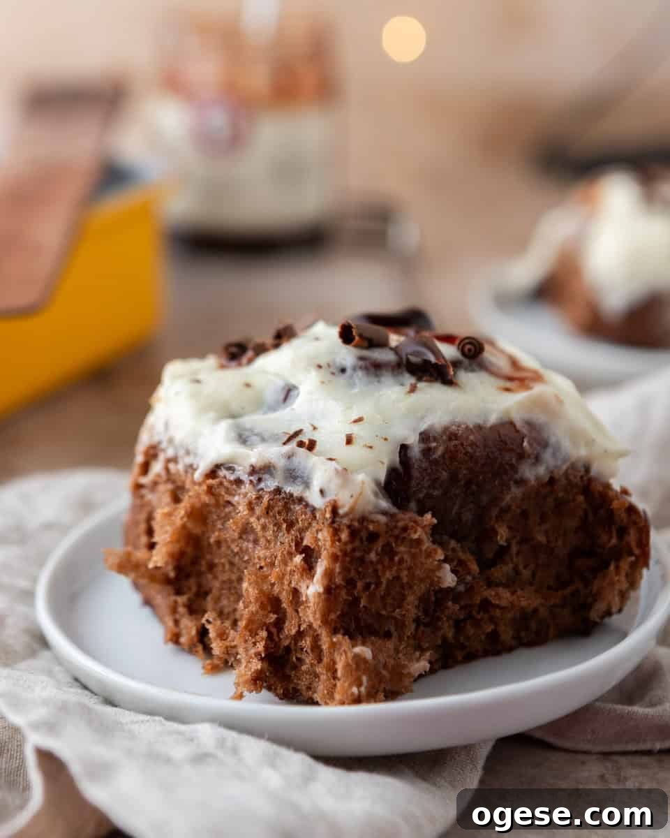 Black Forest cinnamon roll with vanilla mascarpone frosting on plate