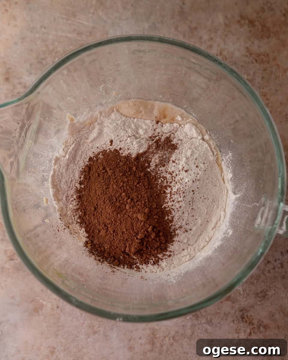 Flour and cocoa powder added to wet ingredients in a mixing bowl.