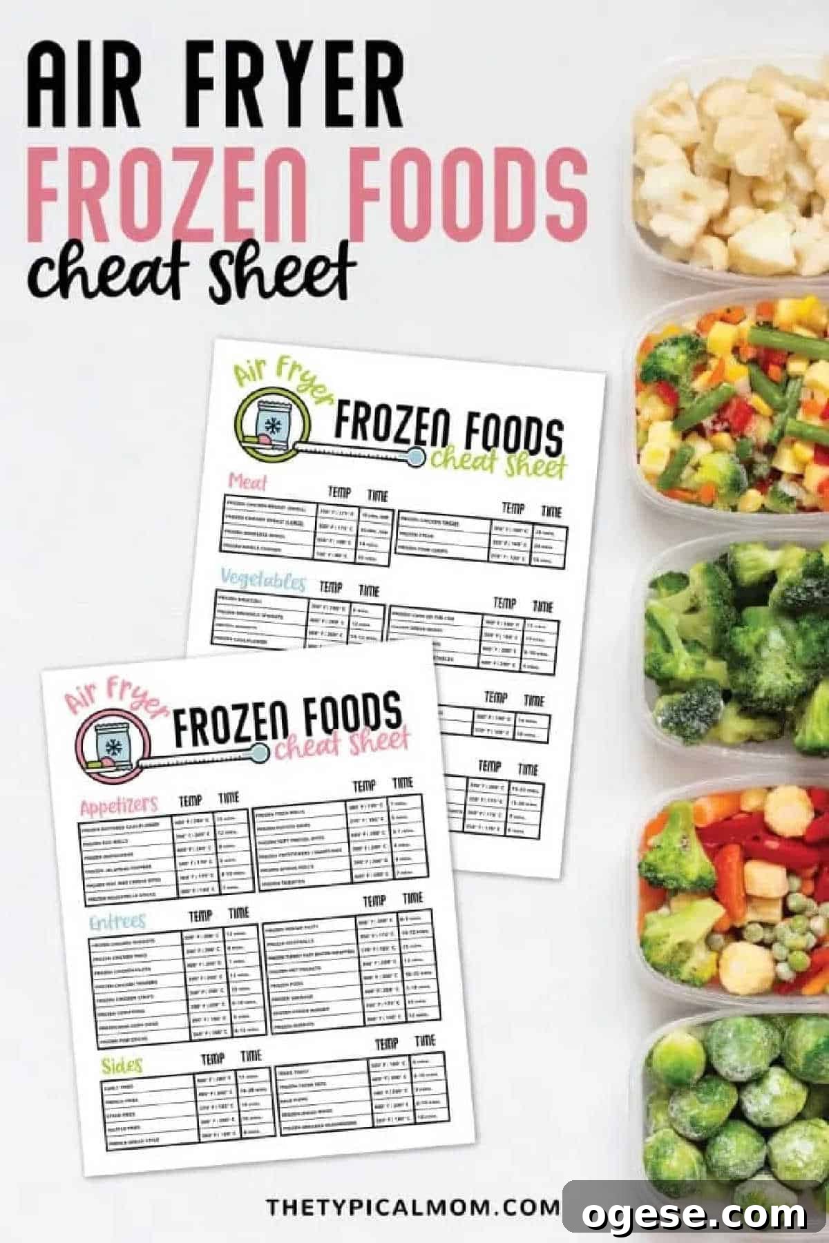 Air Fryer Cooking Times for Frozen Foods: Quick Guide by Food Type 4 Top view of Air Fryer Frozen Food Cook Times cheat sheets beside containers of frozen vegetables and cauliflower.