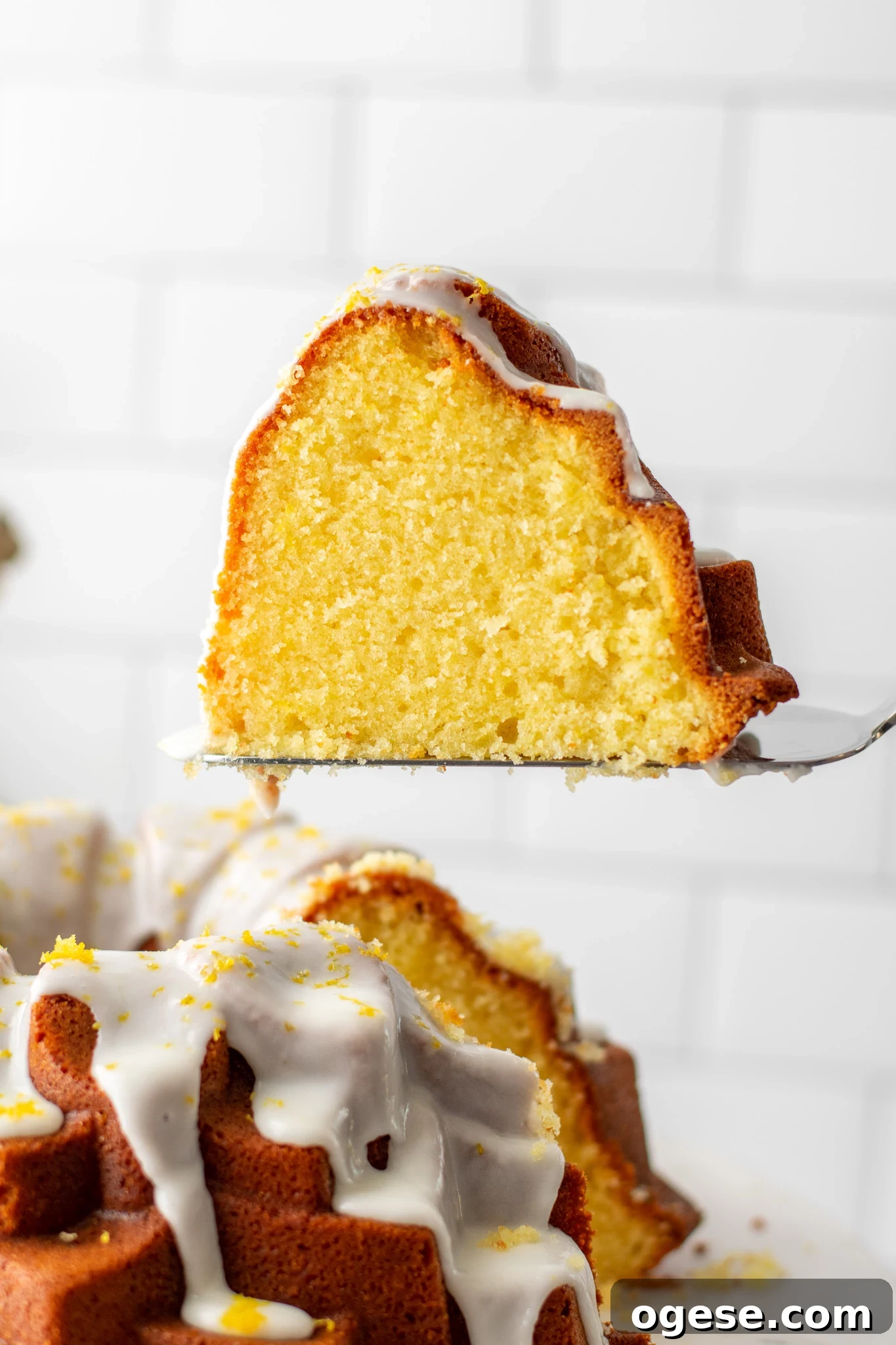A slice of lemon bundt cake.