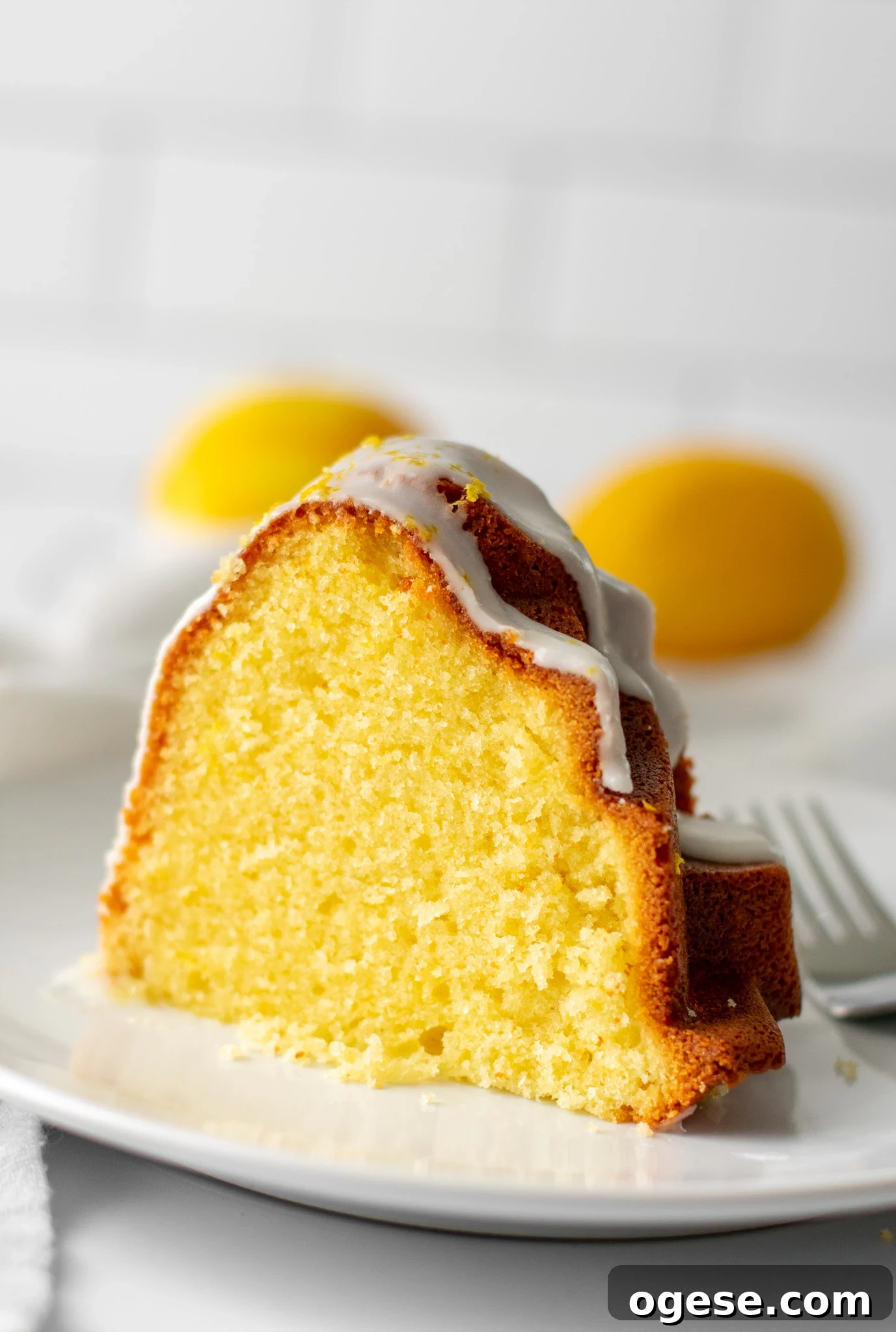 A slice of lemon bundt cake.