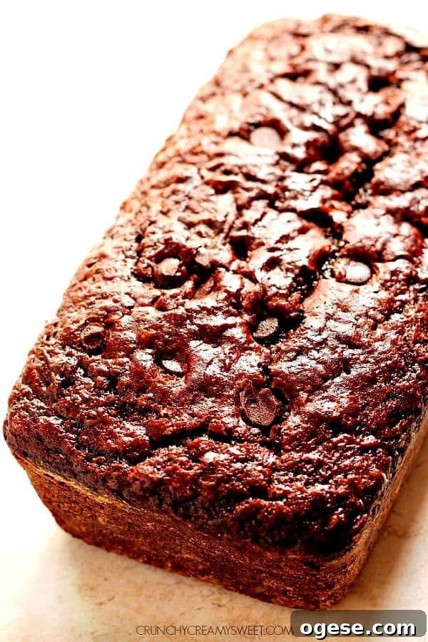 Quick Chocolate Zucchini Bread - sweet and moist chocolate bread that will quickly become your favorite way to use up the zucchini! Side shot of chocolate bread loaf.