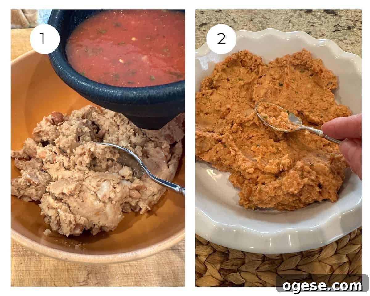 Creamy 5-Layer Bean Dip Recipe for Parties and Game Day 4 Salsa added to refried beans in a dish.