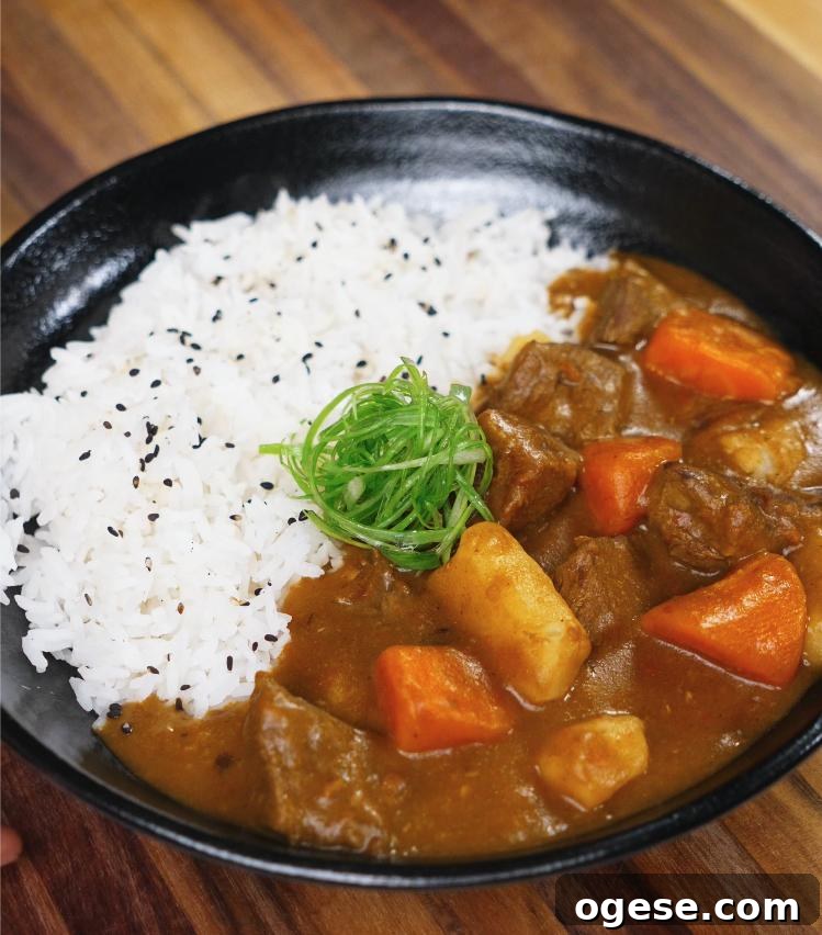 A finished bowl of Japanese beef curry served with white rice, garnished with finely shredded scallions and black sesame seeds. The rich, glossy curry features chunks of beef, carrots, and potatoes.