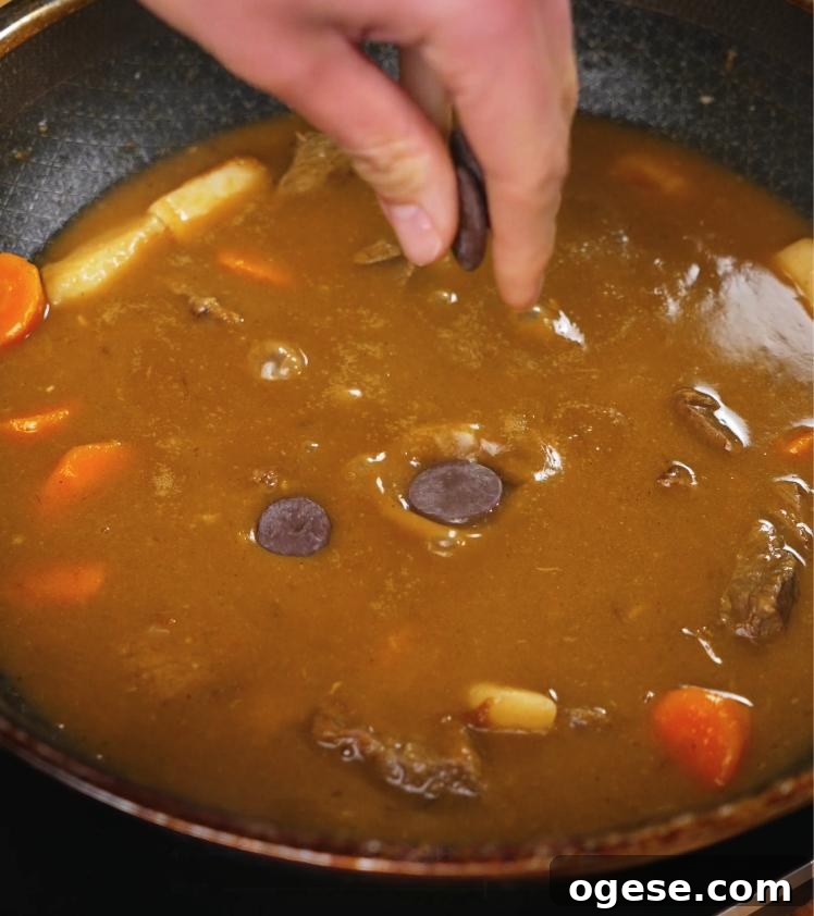 Authentic Japanese Beef Curry Recipe: Rich, Slow-Simmered Stew 6 A few pieces of dark chocolate are added to the curry, enhancing the richness and complexity of the sauce in this Japanese beef curry.
