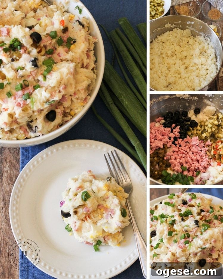 collage of how to make potato salad. Whip potatoes in a mixer, add ingredients and combine