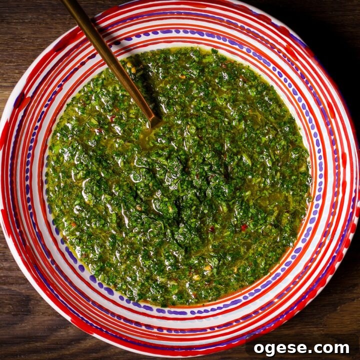 A bowl filled with homemade chimichurri sauce.