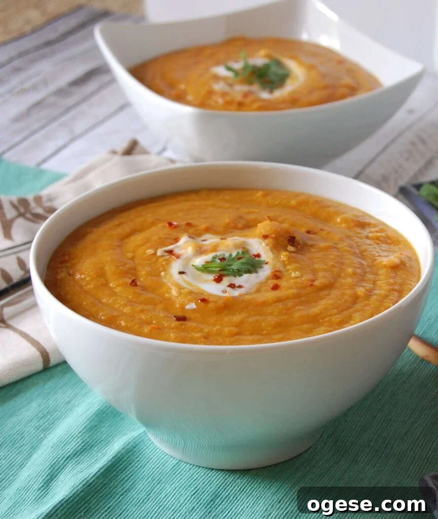 Moroccan Carrot Red Lentil Soup in white bowl