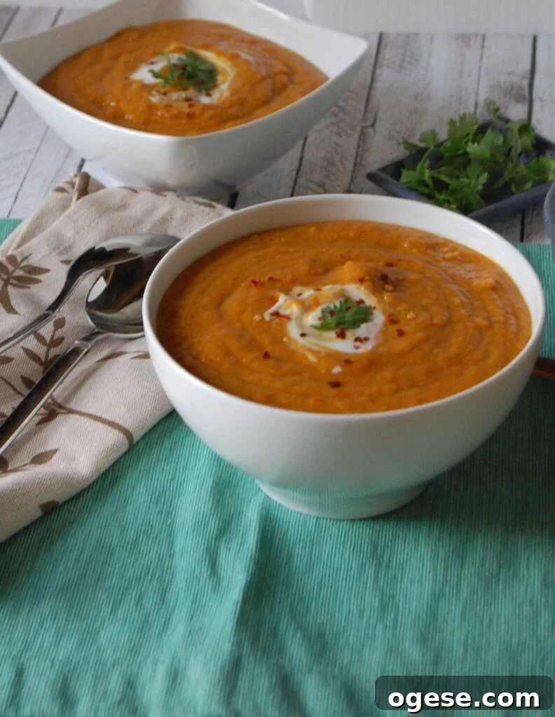 Moroccan Carrot Red Lentil Soup in white bowl