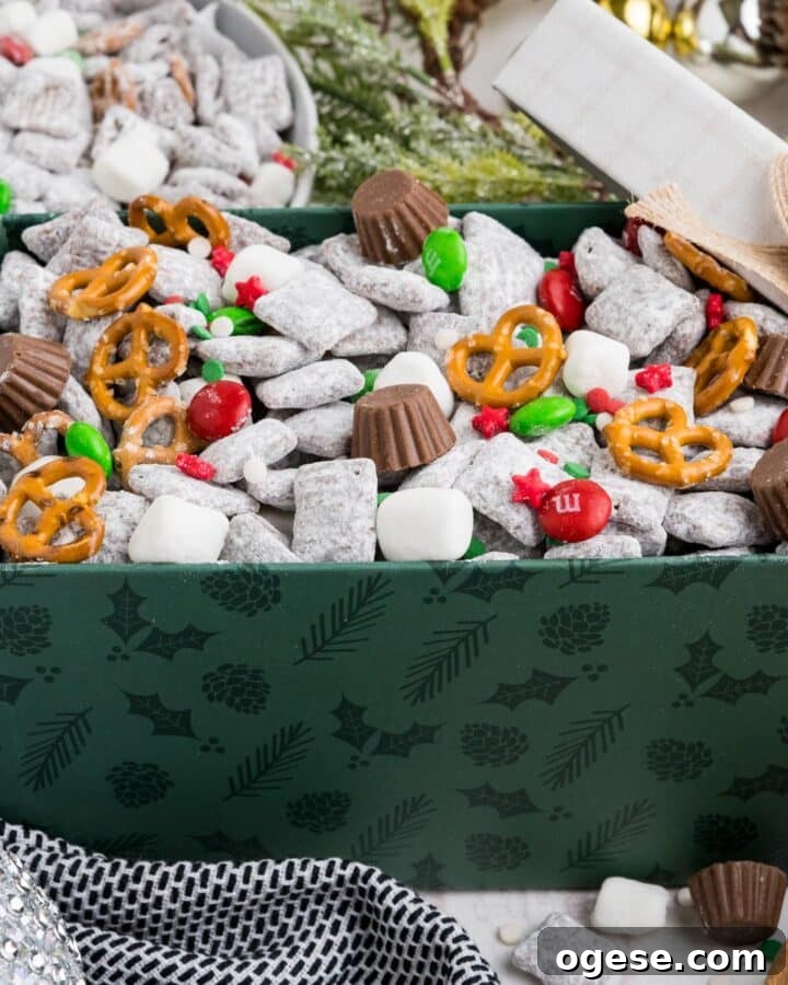 Christmas muddy buddies in a gift box.