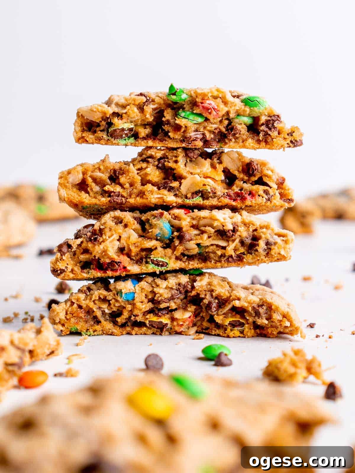 a stack of monster cookies cut in half
