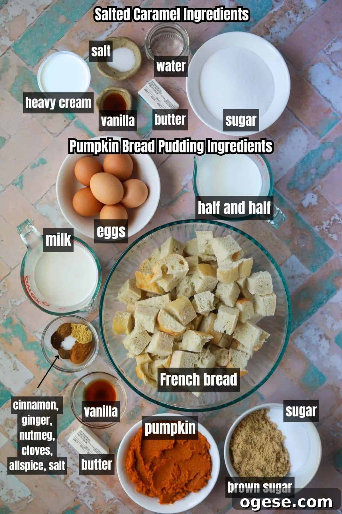 Salted Caramel Pumpkin Bread Pudding Recipe 3 Ingredients for making pumpkin bread pudding with salted caramel sauce arranged on a tile surface.