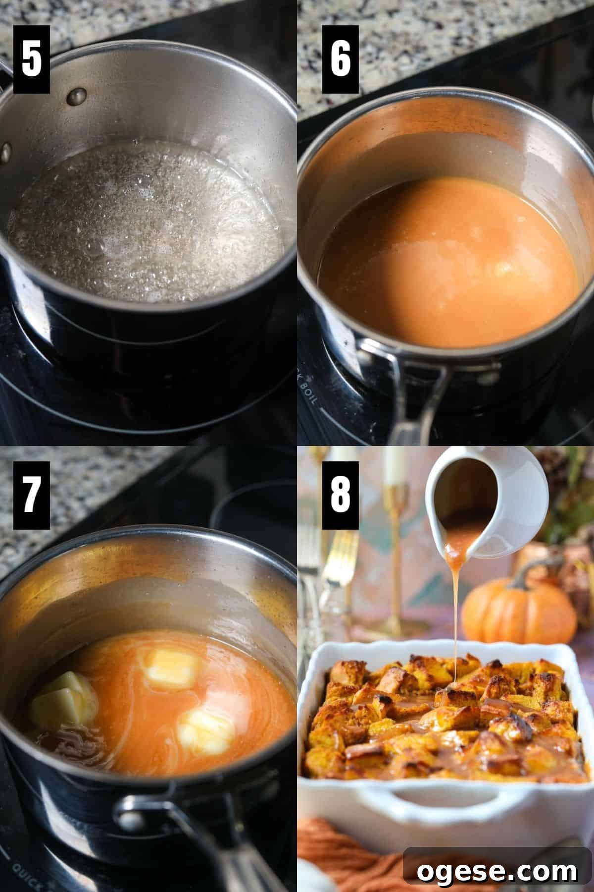 Salted Caramel Pumpkin Bread Pudding Recipe 6 Step-by-step instruction images for making pumpkin bread pudding with salted caramel sauce.