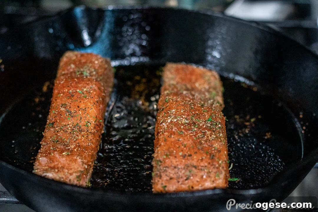 Salmon fillets cast iron skillet