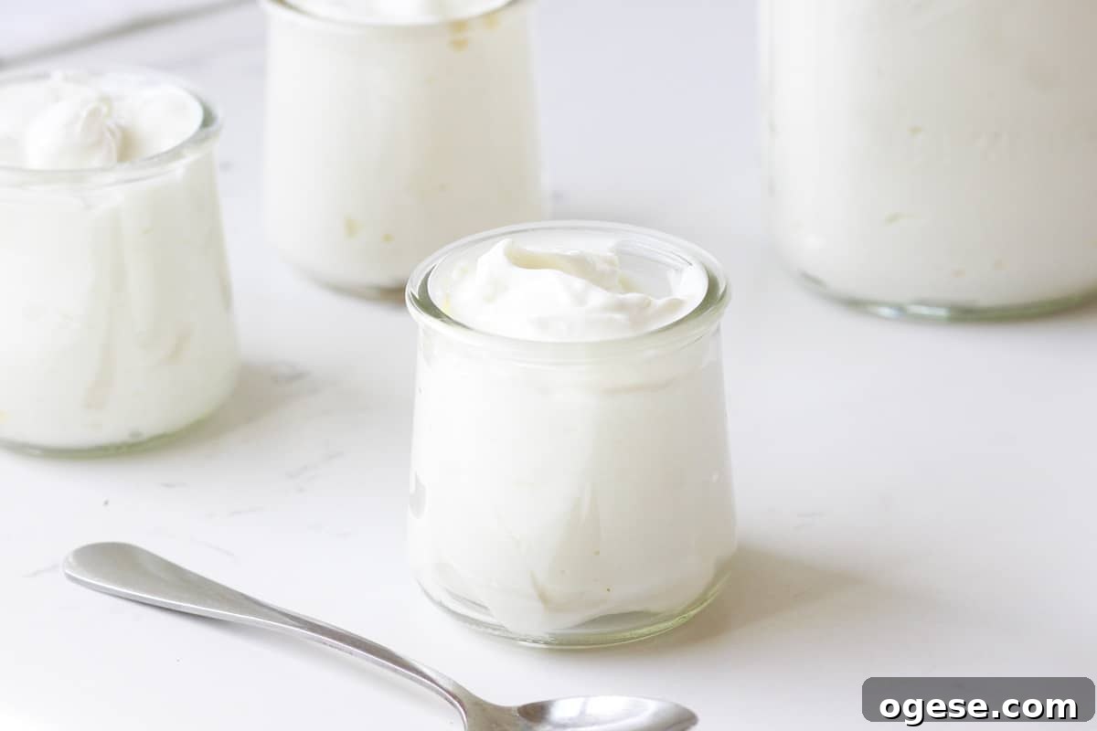small glass jars with homemade plain yogurt in them and a spoon laying next to them