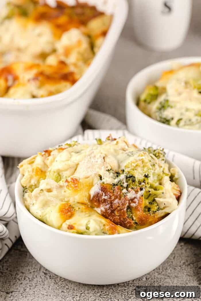 Low-Carb Taco Casserole with Cheesy Cauliflower Crust 16 closeup of small white bowl containing a serving of keto chicken broccoli casserole