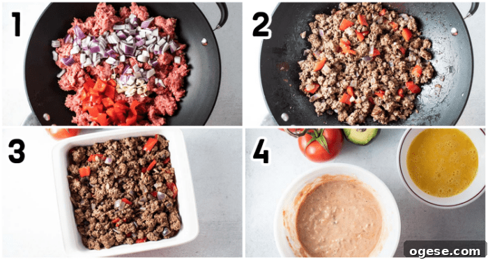 Low-Carb Taco Casserole with Cheesy Cauliflower Crust 3 four images showing keto dish being made