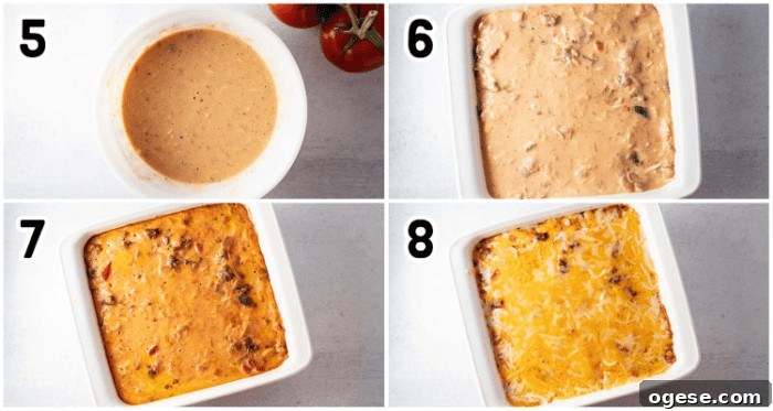 Low-Carb Taco Casserole with Cheesy Cauliflower Crust 4 steps 5 through 6 of in process cooking images of how to make taco casserole keto friendly