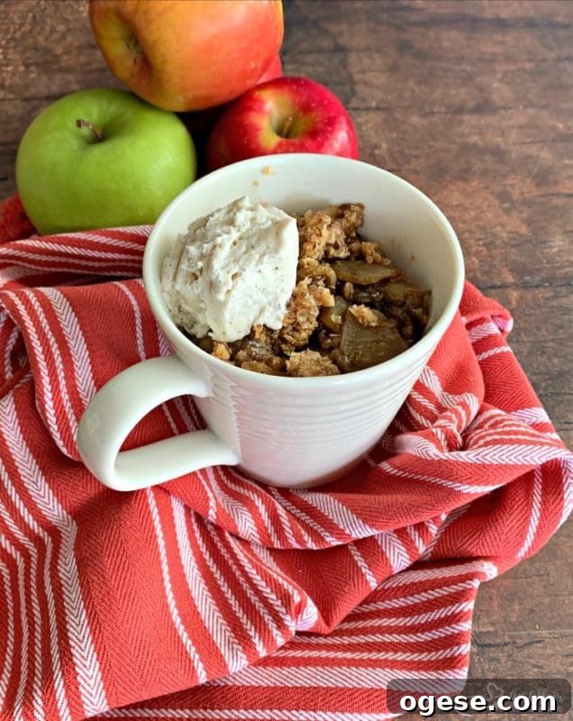 Apple crisp in a mug with vanilla ice cream