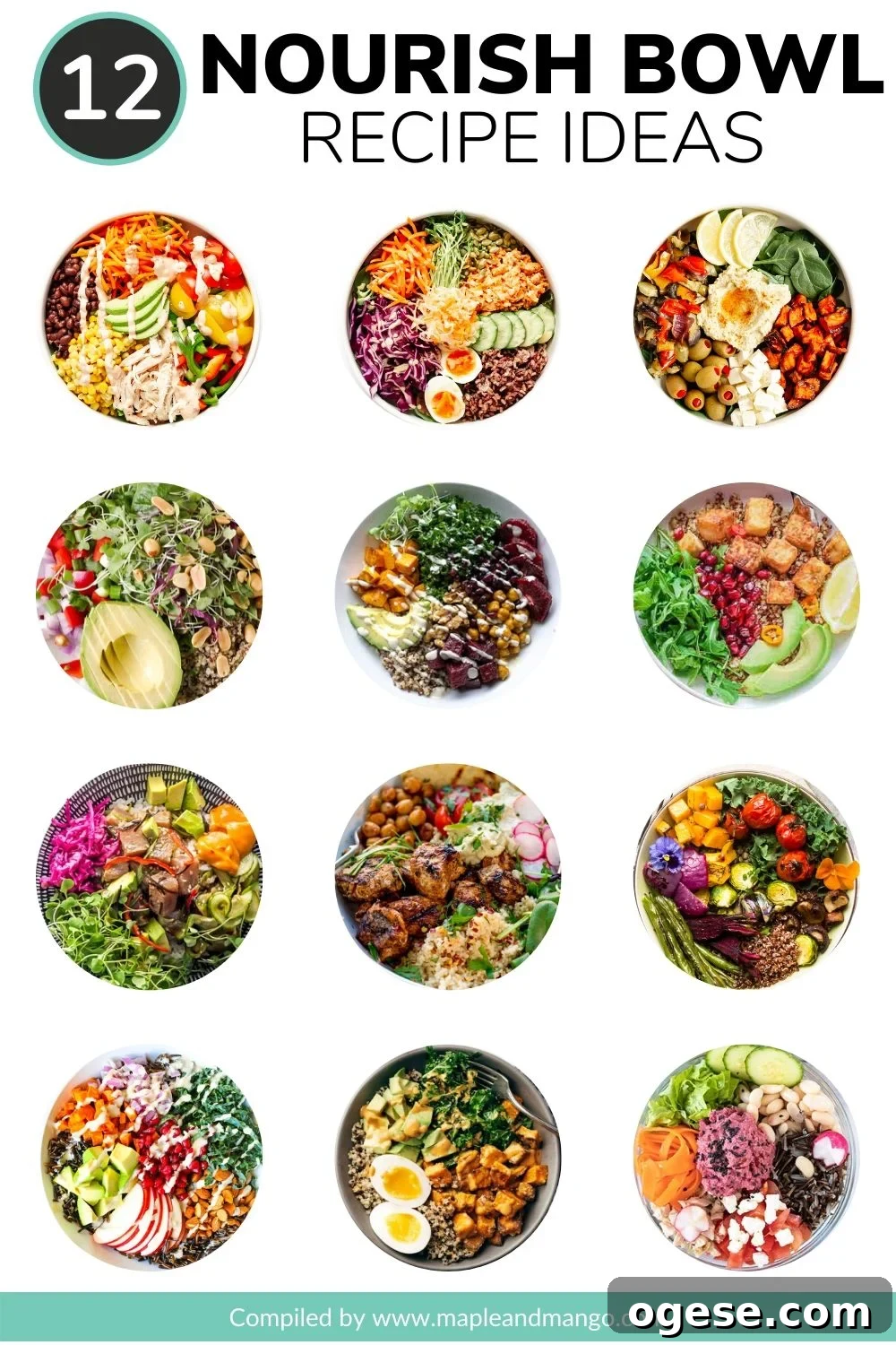 Create Your Own Nourish Bowl: Customizable Healthy Grain Bowl Recipe 4 Collage of 12 different healthy nourish bowl recipe ideas.