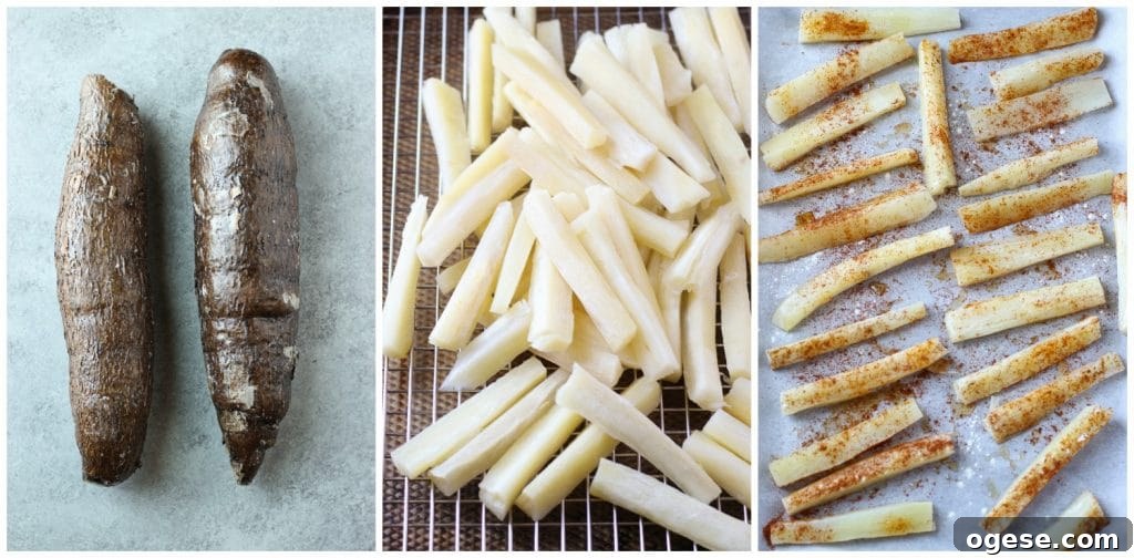 Crispy Baked Yuca Fries Recipe for Perfect Crunch 4 Two whole pieces of yuca root, sliced in strips and seasoned in a sheet pan lined with parchment paper