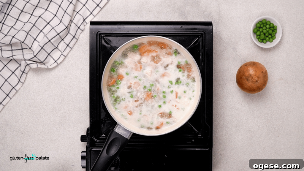 Add the additional ingredients, including the chicken stock and milk, and simmer these until the onions turn translucent.