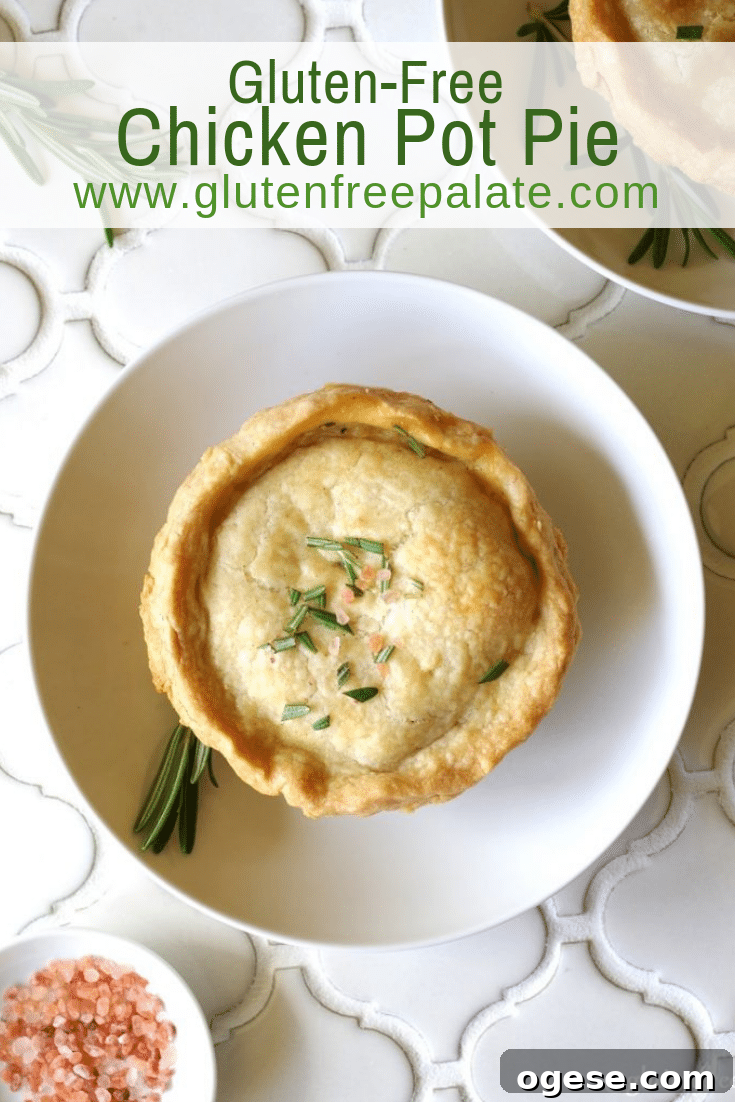 a pinterest pin of a chicken pot pie on a white plate with the words gluten-free chicken pot pie in text at the top