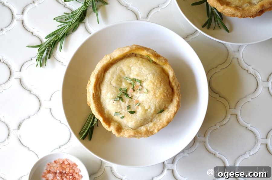 a close up of A Gluten-Free Chicken Pot Pie topped with salt and rosemary on a white plate