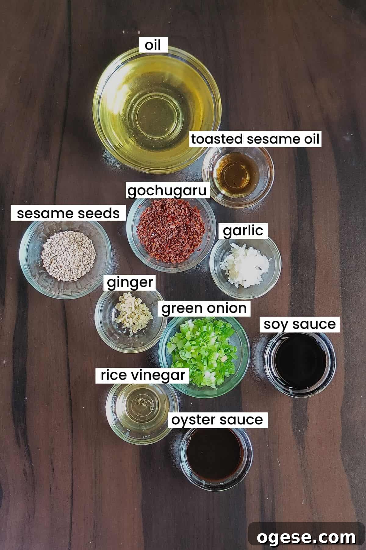 Image showing wet wet sauce recipe ingredients placed on a brown backdrop.