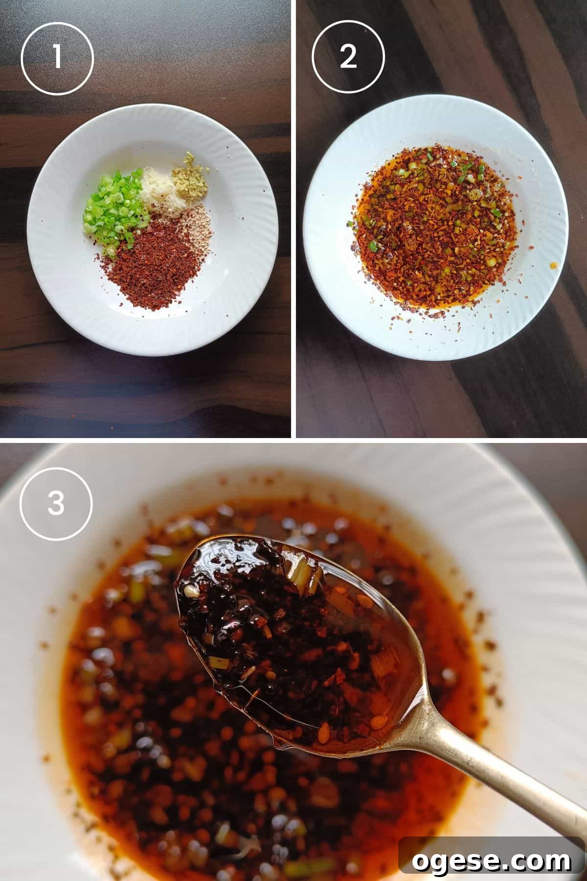 3 images showing placing aromatics and chili flakes in a pot, pouring hot oil and stirring everything together.