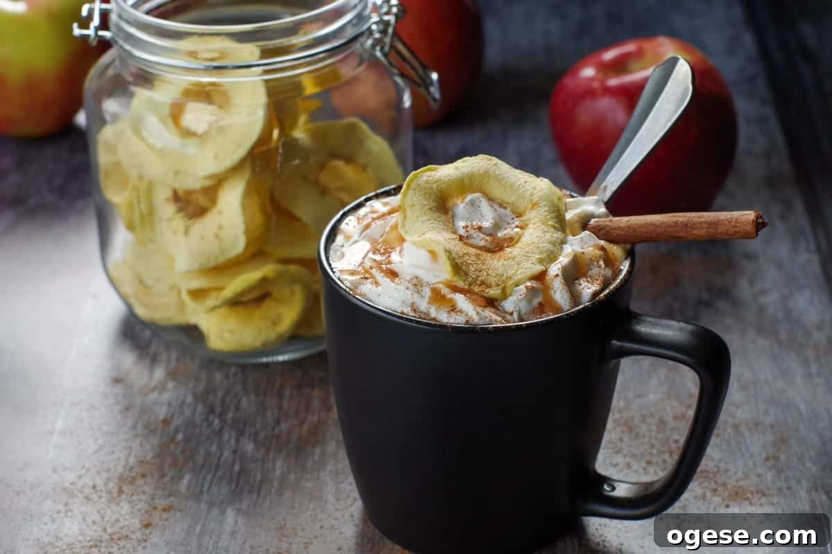 Air Fryer Dried Apples: Simple Step-by-Step Dehydrating Guide 11 dehydrated apple garnish on a mug of apple cider with whipped cream