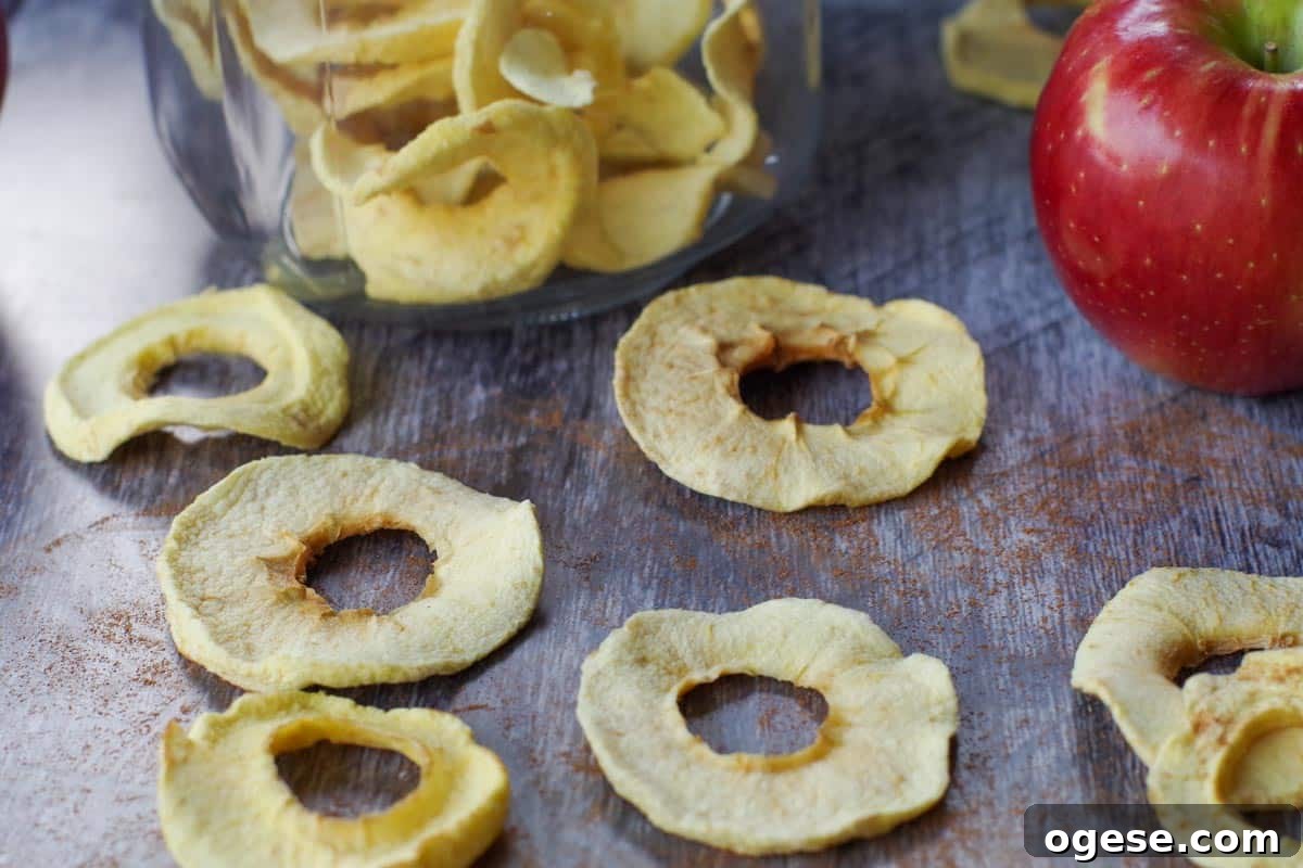 Air Fryer Dried Apples: Simple Step-by-Step Dehydrating Guide 10 air fryer dehydrated apple rings in front of a jar of more dehydrated apples
