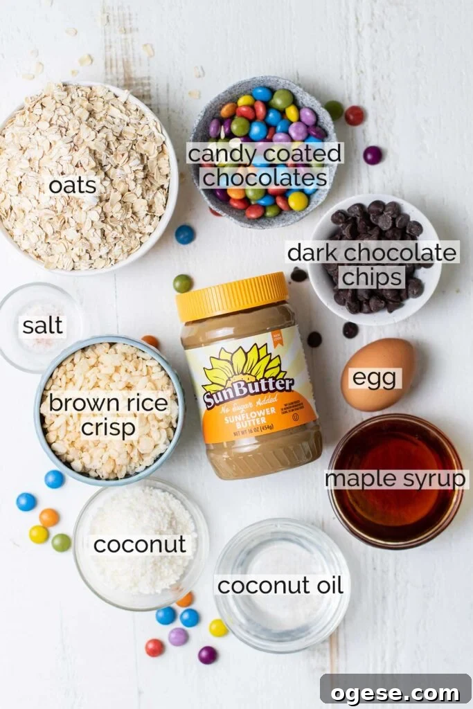 Chewy Monster Cookie Bars with M&Ms and Peanut Butter 3 The ingredients needed to make monster cookie bars.